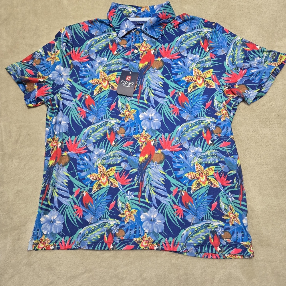NWT Chaps Men's Navy Tropical Floral Polo with Multicolor Parrot Print Size XL